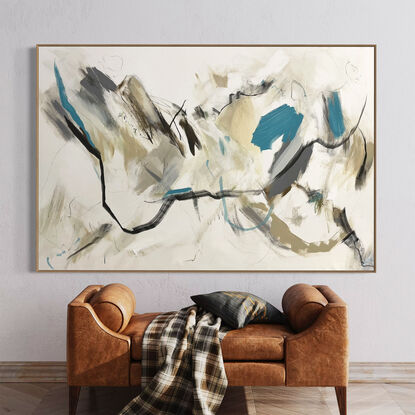 bold marks in orange, beige, white, ochre, blue, pink and grey across a large canvas