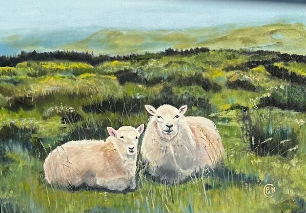 A warming county style artwork of two beautiful looking sheep staying close  together. The Moors can be pretty bleak at times. The weather can change in an instant. Today is a sunny warm day and they are enjoying it. 