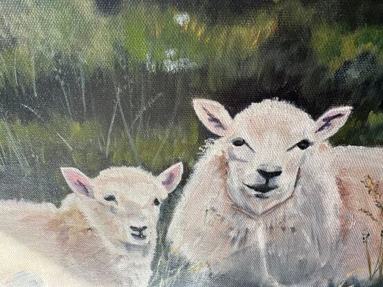 A warming county style artwork of two beautiful looking sheep staying close  together. The Moors can be pretty bleak at times. The weather can change in an instant. Today is a sunny warm day and they are enjoying it. 