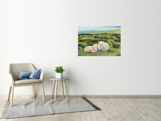 A warming county style artwork of two beautiful looking sheep staying close  together. The Moors can be pretty bleak at times. The weather can change in an instant. Today is a sunny warm day and they are enjoying it. 