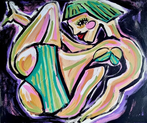 A woman in abstract way with green hair
