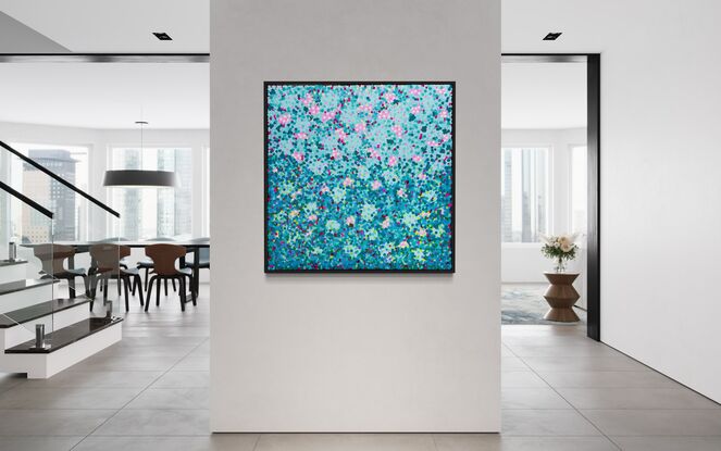 This painting embodies vibrant impasto layers of blues, greens, and violets, with highlights of pink and yellow, reminiscent of an abstract meadow full of flowers on a bright blue sky day.