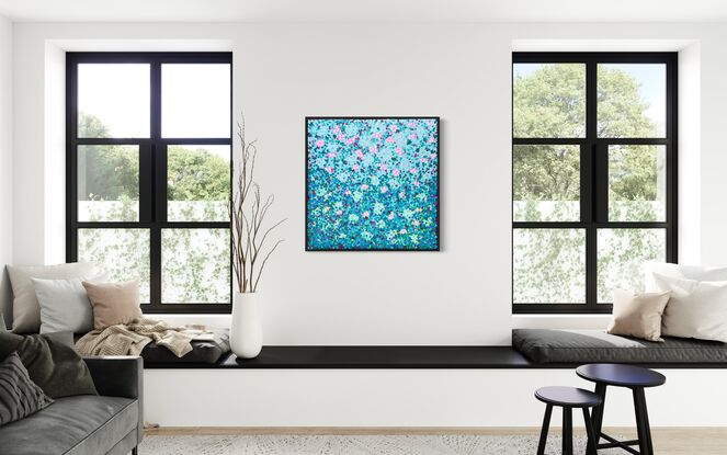 This painting embodies vibrant impasto layers of blues, greens, and violets, with highlights of pink and yellow, reminiscent of an abstract meadow full of flowers on a bright blue sky day.