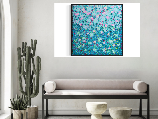 This painting embodies vibrant impasto layers of blues, greens, and violets, with highlights of pink and yellow, reminiscent of an abstract meadow full of flowers on a bright blue sky day.