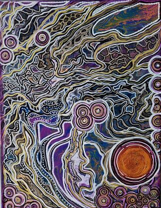 The background is a swirling mix of purple, blue, and gold, with a network of white, yellow, and black lines that create a sense of movement and depth.