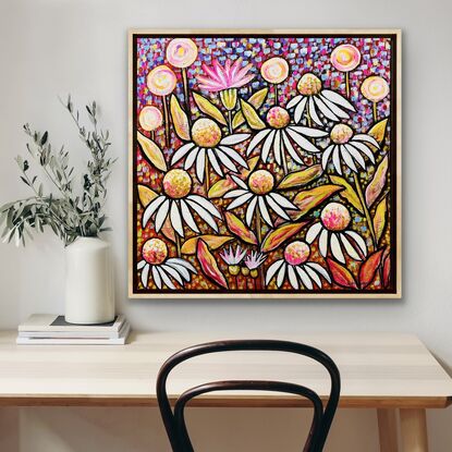 A modern, original interpretation of the joy of Spring, when echinacea emerge from their winter rest and  fill the garden with flowers again!

Paint strokes and vibrant colours are used to energise and awaken the senses.

A beautifully, framed artwork to love!

A signed Certificate of Authenticity is included.

Free delivery within Australia.