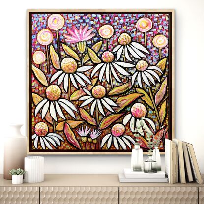 A modern, original interpretation of the joy of Spring, when echinacea emerge from their winter rest and  fill the garden with flowers again!

Paint strokes and vibrant colours are used to energise and awaken the senses.

A beautifully, framed artwork to love!

A signed Certificate of Authenticity is included.

Free delivery within Australia.