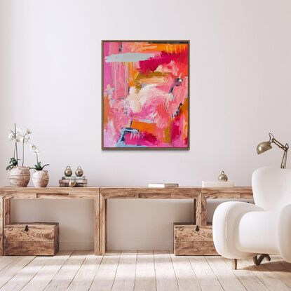 Abstract landscape painting with muted earthy tones and bright pink. 