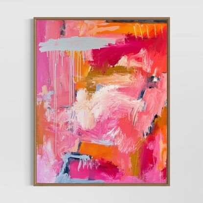 Abstract landscape painting with muted earthy tones and bright pink. 