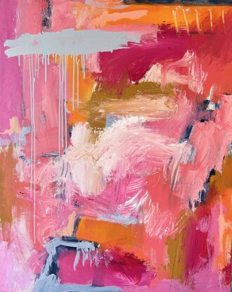 Abstract landscape painting with muted earthy tones and bright pink. 