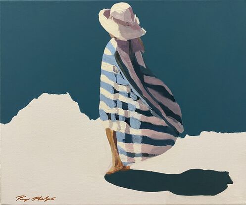 Tanned woman in blue and white striped bathers standing on white cliff with turquoise background