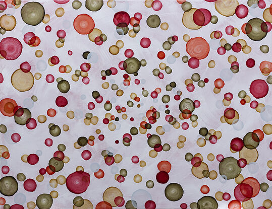 Extra large Abstract painting with dots and organic forms reminiscent of science, the sea or underwater. Colourful with many layers of colour and floating forms. Photographic lights ,like bokeh. A unique mixing of original abstract art with microbiology and science. Cellular art. Microscopic scenes.  Inspired by the wine making process. Calming and peaceful.