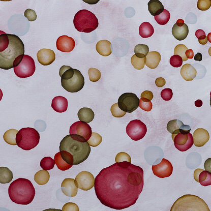 Extra large Abstract painting with dots and organic forms reminiscent of science, the sea or underwater. Colourful with many layers of colour and floating forms. Photographic lights ,like bokeh. A unique mixing of original abstract art with microbiology and science. Cellular art. Microscopic scenes.  Inspired by the wine making process. Calming and peaceful.