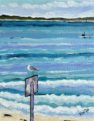 A seagull rest on a sign post, looking out at the East Beach, Port Fairy