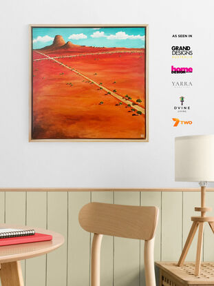 Dramatic and vibrant abstract landscape painting with distinctive crossroads over the canvas, with mountain range and blue sky.
