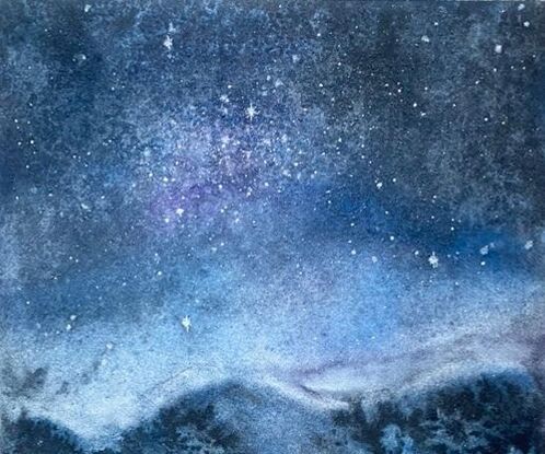 41cms W x 29.5 cms H ' Midnight in the Mountains.' A dark night with only the stars for light, mountain tops and valleys brushed by snow - this is midnight in the mountains. A time of almost mystical beauty before daylight brings everything sharply into focus again. Created in watercolour on Arches paper. Thanks to @insituartroom for the room displays