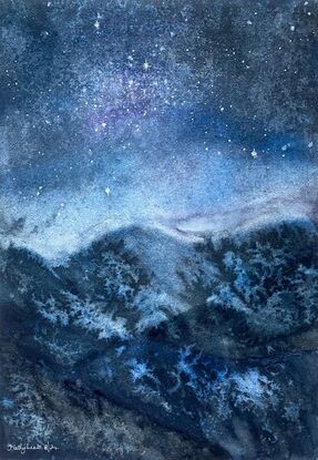 41cms W x 29.5 cms H ' Midnight in the Mountains.' A dark night with only the stars for light, mountain tops and valleys brushed by snow - this is midnight in the mountains. A time of almost mystical beauty before daylight brings everything sharply into focus again. Created in watercolour on Arches paper. Thanks to @insituartroom for the room displays