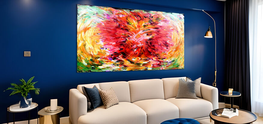 Images show the painting in three different lounge rooms