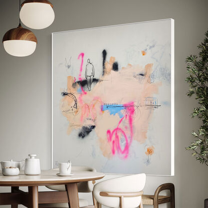 Large abstract of textured acrylic paint, ink, charcoal & pastel on a weathered ground of earthy, warm eggshell gray with crisp pale blue, vibrant flouro pink with 'narrative' black linework.