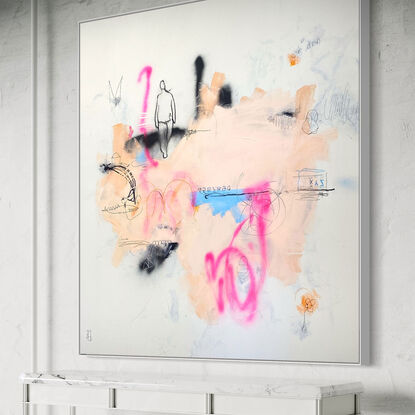 Large abstract of textured acrylic paint, ink, charcoal & pastel on a weathered ground of earthy, warm eggshell gray with crisp pale blue, vibrant flouro pink with 'narrative' black linework.