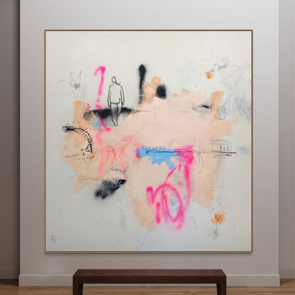 Large abstract of textured acrylic paint, ink, charcoal & pastel on a weathered ground of earthy, warm eggshell gray with crisp pale blue, vibrant flouro pink with 'narrative' black linework.