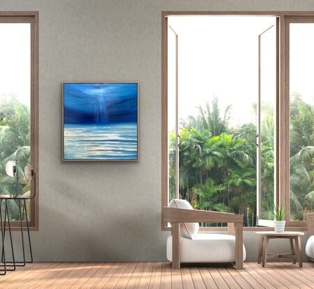 Underwater seascape with sand ripples on the floor, dark distance and the under side of the ocean surface in shallow water