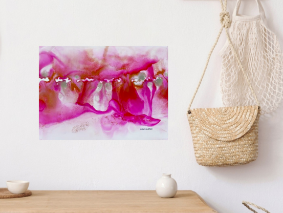 Discover the joyful burst of color in "Euphoria," a mixed media abstract artwork that radiates with vibrant pinks, warm reds, and soft greens. This piece captures the essence of exuberance and light-heartedness, with fluid forms and delicate textures creating a playful yet harmonious visual experience. "Euphoria" brings a sense of joy and vitality to any space, perfect for those who seek art that uplifts and inspires.