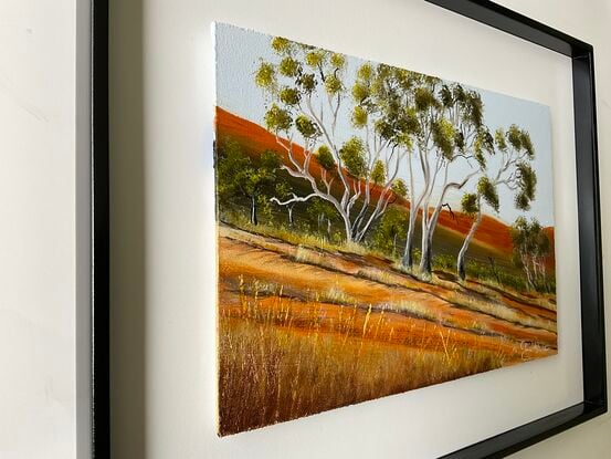 Australian Outback hill landscape dirt road and gumtrees 