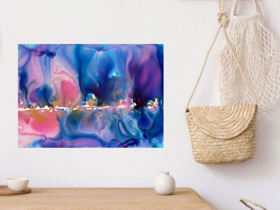 Step into the mesmerizing dance of light in "Aurora," a mixed media abstract artwork that captures the enchanting hues of blues, purples, and soft pinks. This piece evokes the ethereal beauty of a sky painted by the auroras, with fluid transitions and delicate luminosity that invite viewers to lose themselves in its serene yet dynamic movement. "Aurora" adds a touch of mystical elegance and wonder to any space, perfect for those inspired by the natural phenomena of light.