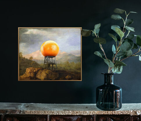 At the centre of a serene colonial era landscape with a rocky foreground and cloudy skies, is a rusted steel structure with stairs, atop rests a glossy and hyper-realistic, vibrant orange fruit with drops of dew.