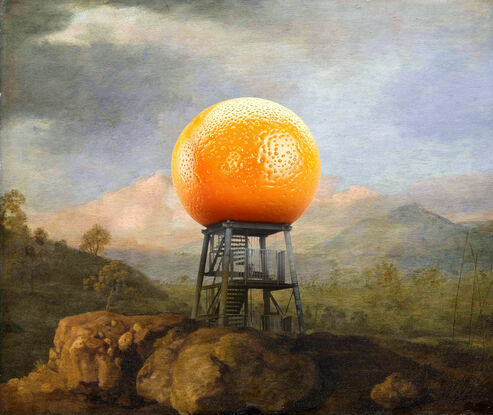 At the centre of a serene colonial era landscape with a rocky foreground and cloudy skies, is a rusted steel structure with stairs, atop rests a glossy and hyper-realistic, vibrant orange fruit with drops of dew.