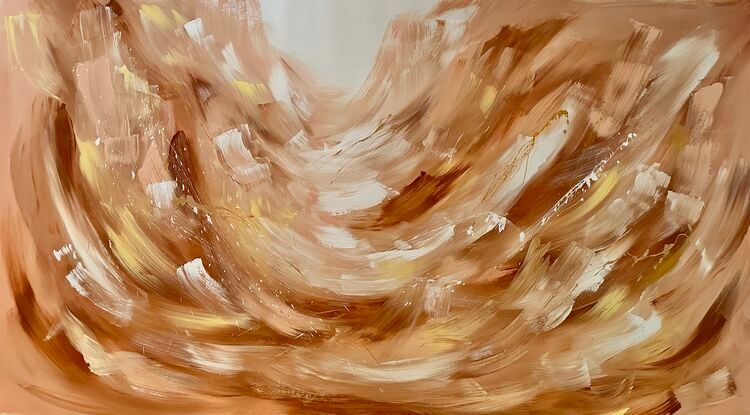 Warm earthy brown, pink & white abstract with large brushstrokes & dome paint splatters in metallic gold which change in the light.