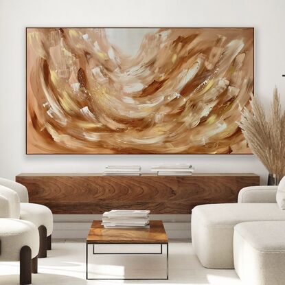 Warm earthy brown, pink & white abstract with large brushstrokes & dome paint splatters in metallic gold which change in the light.