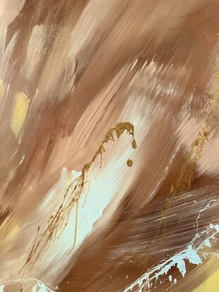 Warm earthy brown, pink & white abstract with large brushstrokes & dome paint splatters in metallic gold which change in the light.