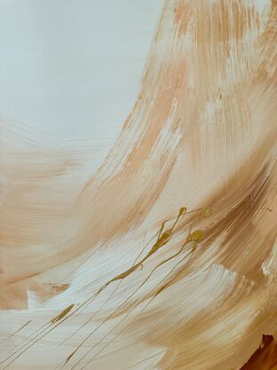 Warm earthy brown, pink & white abstract with large brushstrokes & dome paint splatters in metallic gold which change in the light.