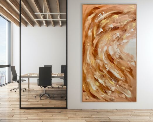 Warm earthy brown, pink & white abstract with large brushstrokes & dome paint splatters in metallic gold which change in the light.