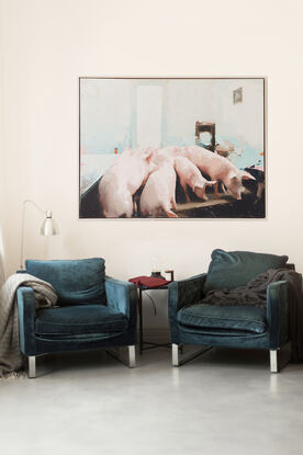 Pigs in a room, pink on blue