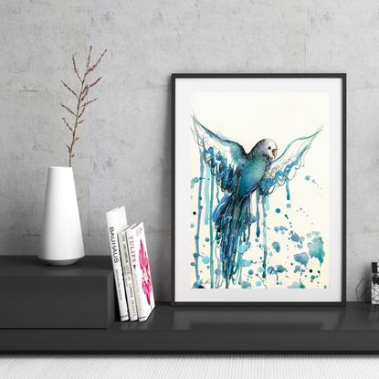 Watercolour blue budgie flying by Sydney bird artist Leni Kae