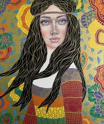 A beautiful young woman stands in a Klimt style space. Art Nouveau style image. Golden embellishment over jewel colours. 