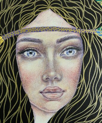 A beautiful young woman stands in a Klimt style space. Art Nouveau style image. Golden embellishment over jewel colours. 