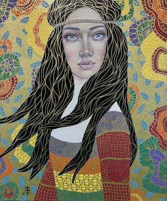 A beautiful young woman stands in a Klimt style space. Art Nouveau style image. Golden embellishment over jewel colours. 