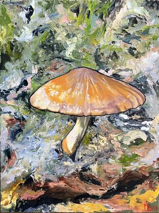 A solitary toadstool in middle of a mashup of earth colours in background 