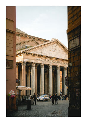 The Ancient Pantheon through a grungy street in Rome Italy