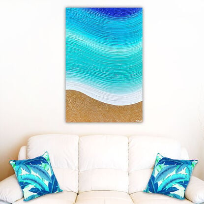 textured abstract beach with greeny blue wave and golden metallic textured sand