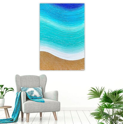 textured abstract beach with greeny blue wave and golden metallic textured sand