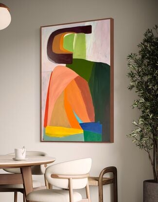 Abstract shapes reminiscent of seated figure in bold colors with curves and arches.