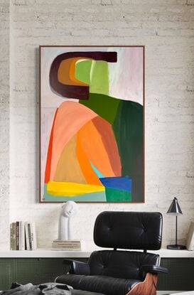 Abstract shapes reminiscent of seated figure in bold colors with curves and arches.