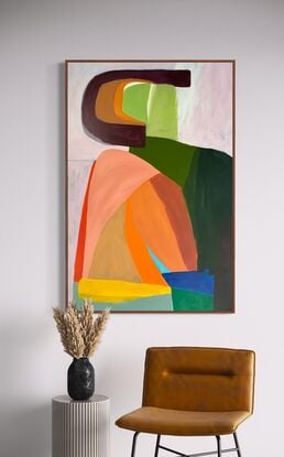 Abstract shapes reminiscent of seated figure in bold colors with curves and arches.