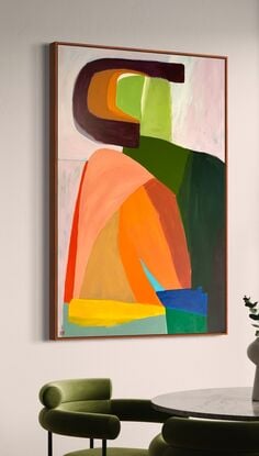 Abstract shapes reminiscent of seated figure in bold colors with curves and arches.