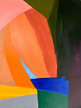 Abstract shapes reminiscent of seated figure in bold colors with curves and arches.